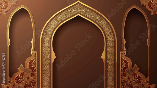 An arab frame in the form of a traditional shape window for the header and text congratulation. A realistic modern illustration set of brown arch border decoration with golden accents.