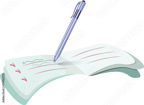 open notebook with notes and a ballpoint pen ready for writing. Vector illustration, hand drawn. Office or school decorations, goods for business, for the design of important events, presentations.