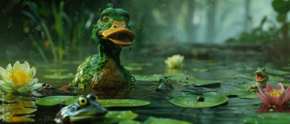Fototapeta premium A friendly zombie duck waddling in a pond, surrounded by lily pads, with frogs and fish unfazed by its undead state , studio lighting
