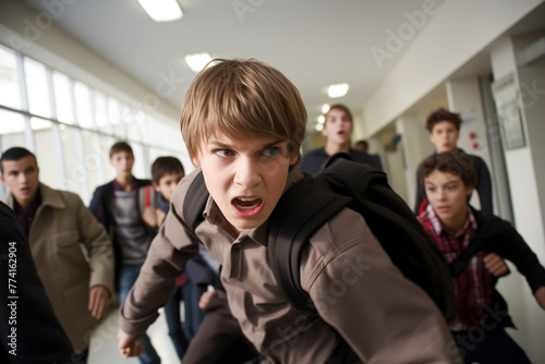 Angry Teenage Boy Running Through School Hallway with Backpack
