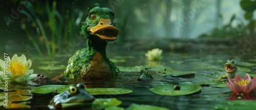 A friendly zombie duck waddling in a pond, surrounded by lily pads, with frogs and fish unfazed by its undead state , studio lighting