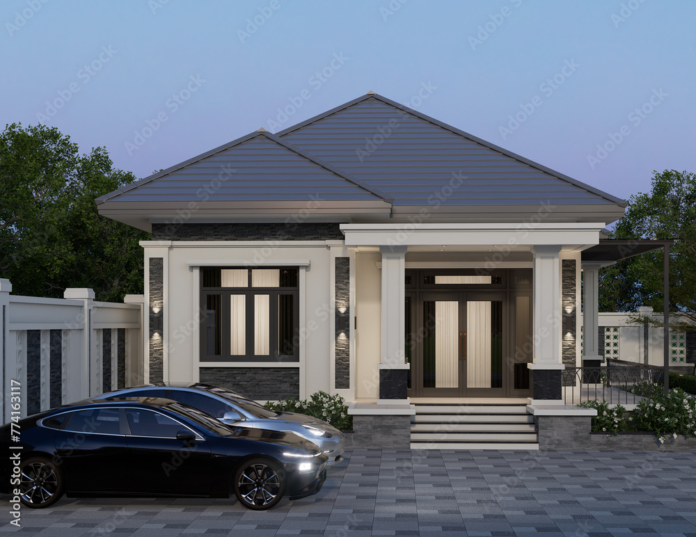 One story contemporary house of Thai style with parking by 3D rendering and natural scenery background