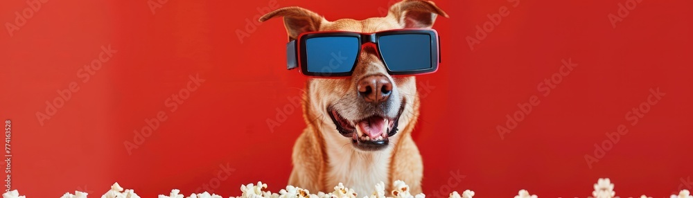 A humorous image of a dog wearing 3D glasses, eating popcorn, hinting at a fun and relaxed movie time with pets , Prime Lenses