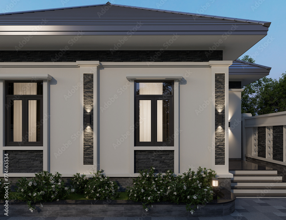 One story contemporary house of Thai style with parking by 3D rendering and natural scenery background
