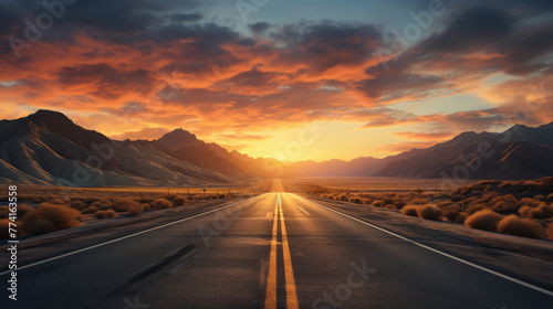 American road at sunset, USA route at evening, moody sky freeway