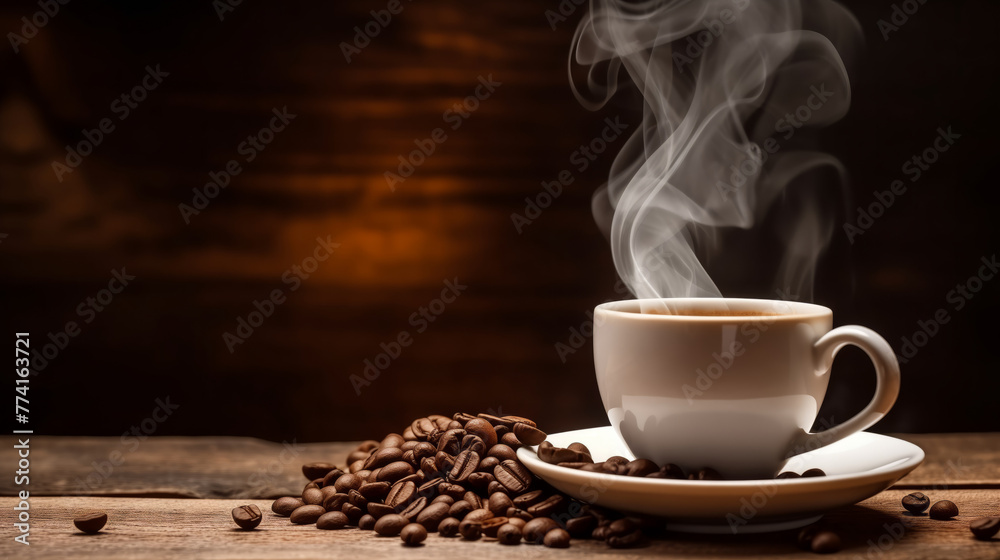 Banner steaming cup of coffee with scattered roasted beans, evoking warmth and aroma. Banner steaming cup of coffee with scattered roasted beans, evoking warmth and aroma.