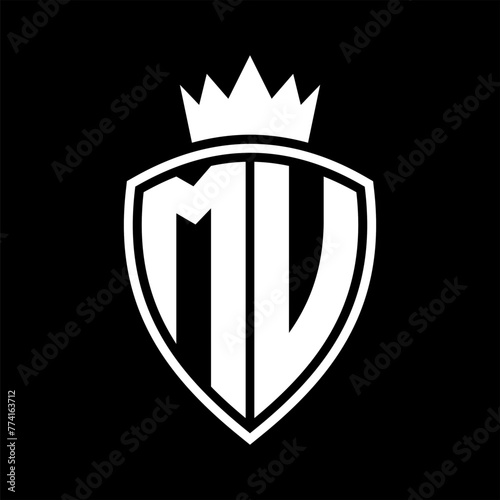 MU Letter monogram shield and crown outline shape with black and white color design