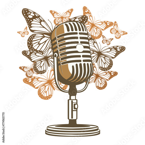 Vintage vector podcast microphone ornate with butterflies minimalist art on a white/transparent background