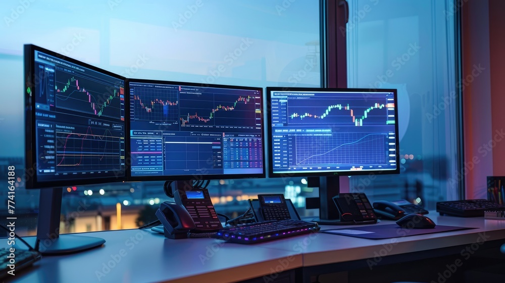 Evening view of a trading desk with screens showing graphs and stock market analytics Evening view of a trading desk with screens showing graphs and stock market analytics