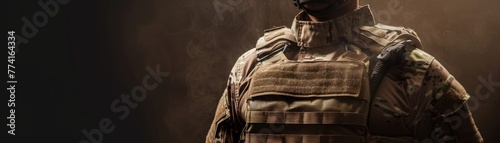 A soldier wearing a nanoenhanced bulletproof vest, showcasing durability and lightweight design in action , studio lighting