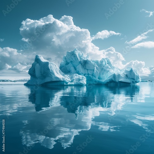Icy blue glaciers peacefully drifting on the tranquil arctic ocean