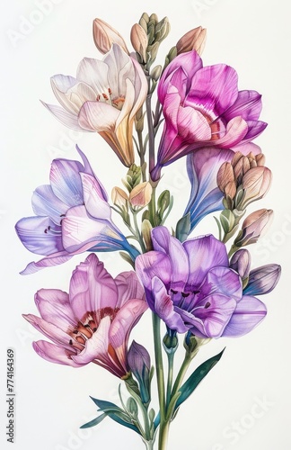 Elegant watercolor painting of purple freesias with a delicate touch