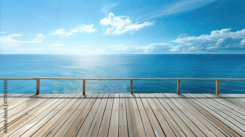 Pristine ocean view from a wooden deck under a clear blue sky