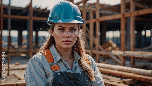 Portrait of a female construction worker in a helmet and overalls. International Worker's day, Labour Day, Health & safety at work © i7 Goraya