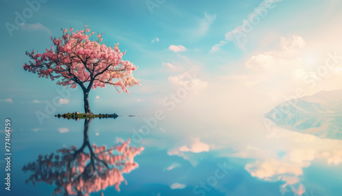 Pink blossom tree on a lake
