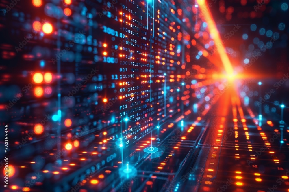 Representation of online security with a digital display featuring binary code flowing across a computer screen illuminated by colorful lights. Representation of online security with a digital display featuring binary code flowing across a computer screen illuminated by colorful lights.