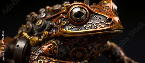 A detailed close-up of a metallic frog sculpture intricately designed with gears and machinery on its back