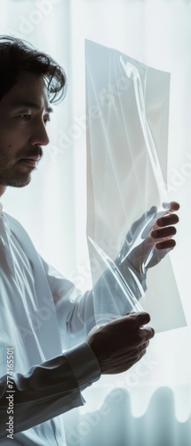 An engineer holding a piece of translucent nanofabric against the light, demonstrating its lightweight and durability , advertise photo photo