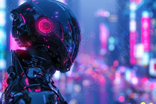 A sci-fi 3D rendering of a female robot wandering in a neon-lit cyberpunk city, showcasing the concept of artificial intelligence.