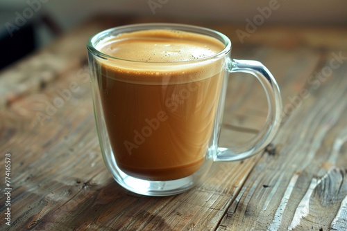 Display the elegance of a doppio coffee in a stylish glass mug  super realistic