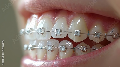 Bright smile adorned with braces radiates confidence in close-up shot
