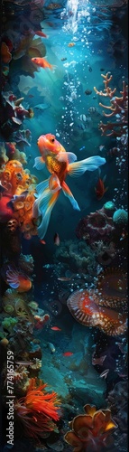 An underwater scene with a zombie goldfish, complete with a tiny fin patch, bubbling around a haunted coral reef, surrounded by other mystical sea creatures , studio lighting