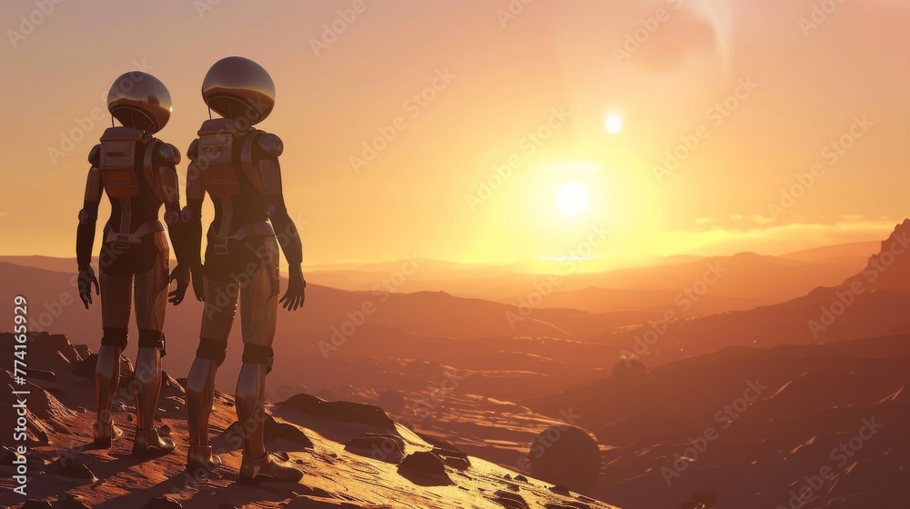  Joint human-alien expedition exploring a new planet warm sunrise