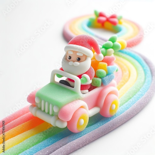 a cute santa shipper with jeep made of pastel color rainbow gummy candy on a white background