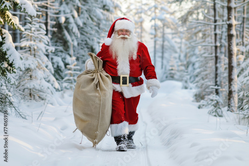 A cheerful Santa Claus walking through a snowy forest carrying a large sack of presents