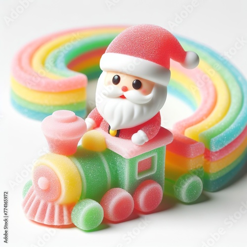 a cute santa shipperon train made of pastel color rainbow gummy candy on a white background