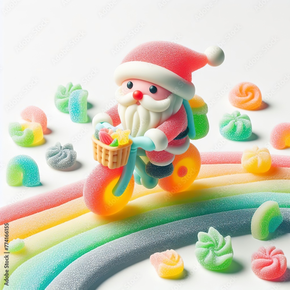 Fototapeta premium a cute santa riding a bicyle made of pastel color rainbow gummy candy on a white background