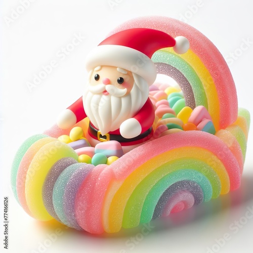 a cute santa shipper riding a boat made of pastel color rainbow gummy candy on a white background