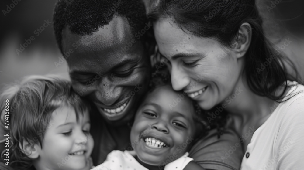 black african fathee with wife smile and hugging each other , diversity multi racial family hapinnes black and white photo