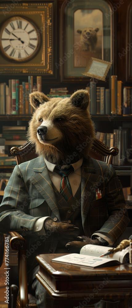 A bear in a quiet study, wearing a thoughtful suit, contemplating conservative investment paths during uncertain times