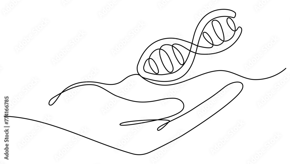 Hand holding DNA continuous one line drawing. Genome linear structure symbol. Vector illustration isolated on white. Hand holding DNA continuous one line drawing. Genome linear structure symbol. Vector illustration isolated on white.