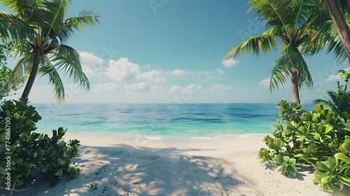 A beautiful tranquil beach scene with palm trees and a calm ocean