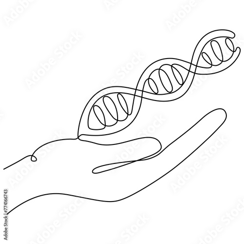 Hand holding DNA continuous one line drawing. Genome linear structure symbol. Vector illustration isolated on white.
