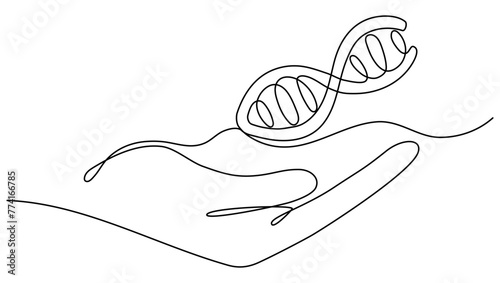 Hand holding DNA continuous one line drawing. Genome linear structure symbol. Vector illustration isolated on white.