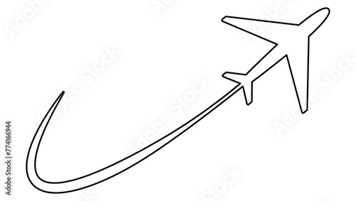 Airplane line drawn. Flying plane with flight route. Travel concept symbol. Vector illustration isolated on white. © Віталій Баріда