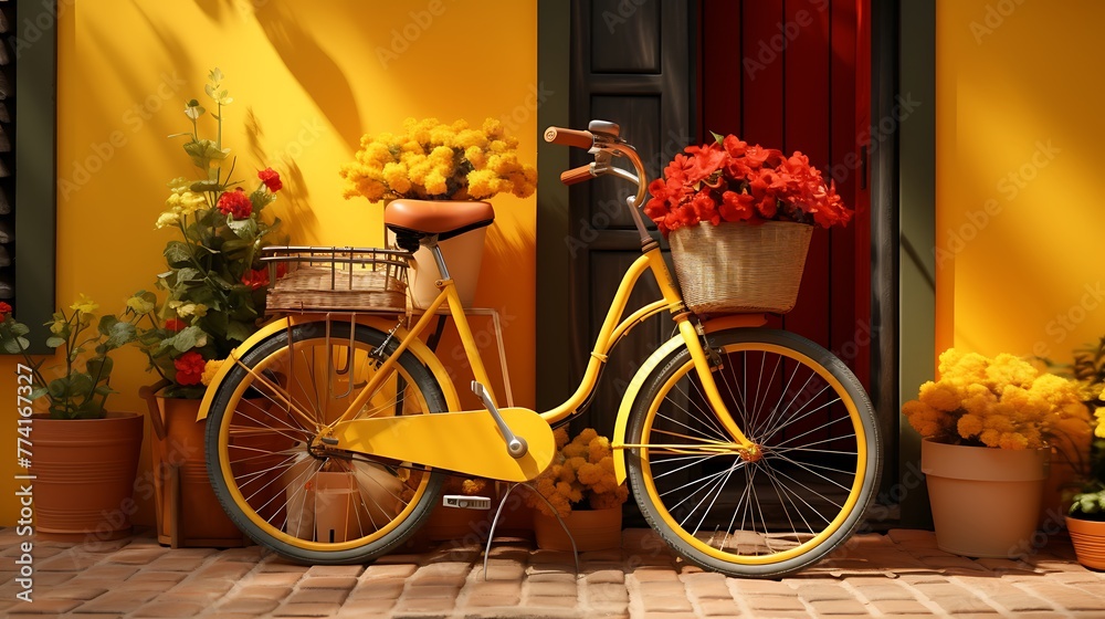 bicycle with flowers in front of a house. 