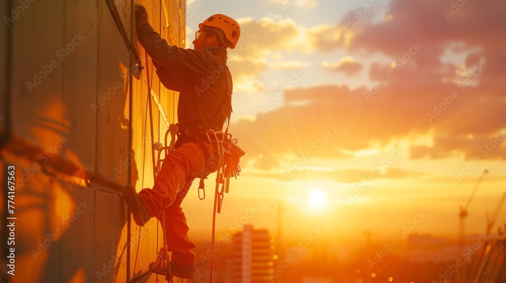 Industrial Climber on Skyscraper at Sunset Industrial Climber on Skyscraper at Sunset