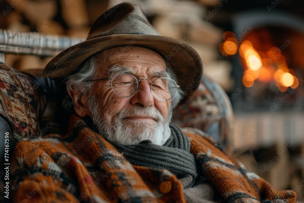 An old man napping peacefully in a chair by the warm glow of a fireplace