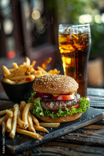 Tasty burger with french fries and a softdrink