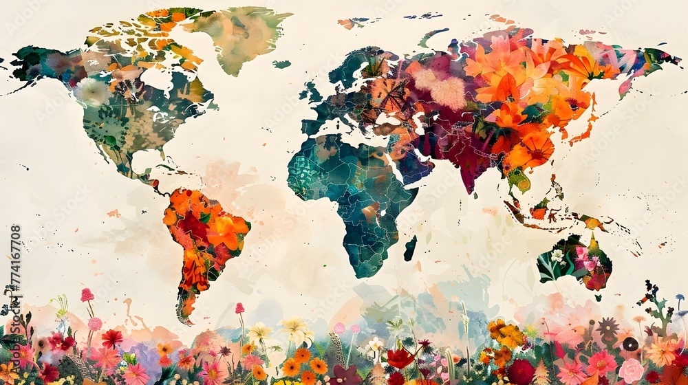 Naklejka premium Watercolor World Map with Vibrant Blending of Flora and Fauna Representations