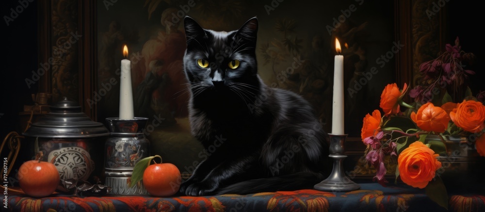 An elegant black cat is perched on a wooden table, beside a flickering candle and delicate flowers