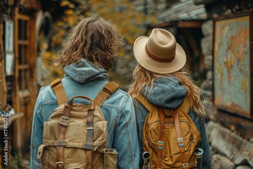 Two young adventurers with backpacks examining a map in a rustic outdoor setting, evoking wanderlust and cooperation