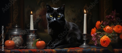 An elegant black cat is perched on a wooden table, beside a flickering candle and delicate flowers