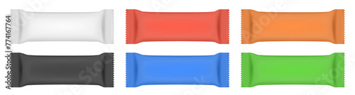 Set of white, orange, green, red, black and blue flow packs. Chocolate bar or ice cream wrapper. Silver foil bag. Realistic 3d mockup of a cookie snacks. Pouch	