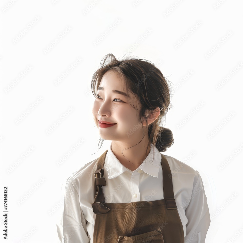 A South Korean barista, in a café apron, smiling softly, dreaming of coffee blends, on a white background. A South Korean barista, in a café apron, smiling softly, dreaming of coffee blends, on a white background.