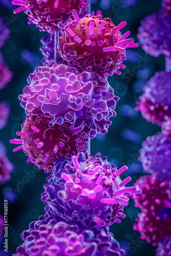 Bcell lymphocytes producing antibodies, zoom in, bright purple and pink creation, sharp clarity, adaptive immunity , high detailed , graphic design